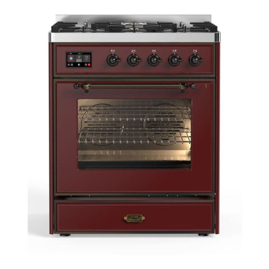 ILVE Majestic II 30" Burgundy Dual Fuel Range with 5 Burners Triple Glass Door Natural Gas