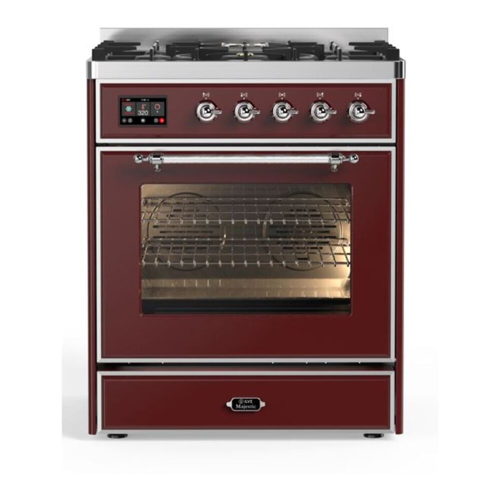 ILVE Majestic II 30 inch Triple Glass Door Natural Gas Dual Fuel Range Chrome Burgundy