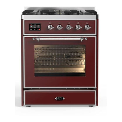 ILVE Majestic II 30 inch Triple Glass Door Natural Gas Dual Fuel Range Chrome Burgundy