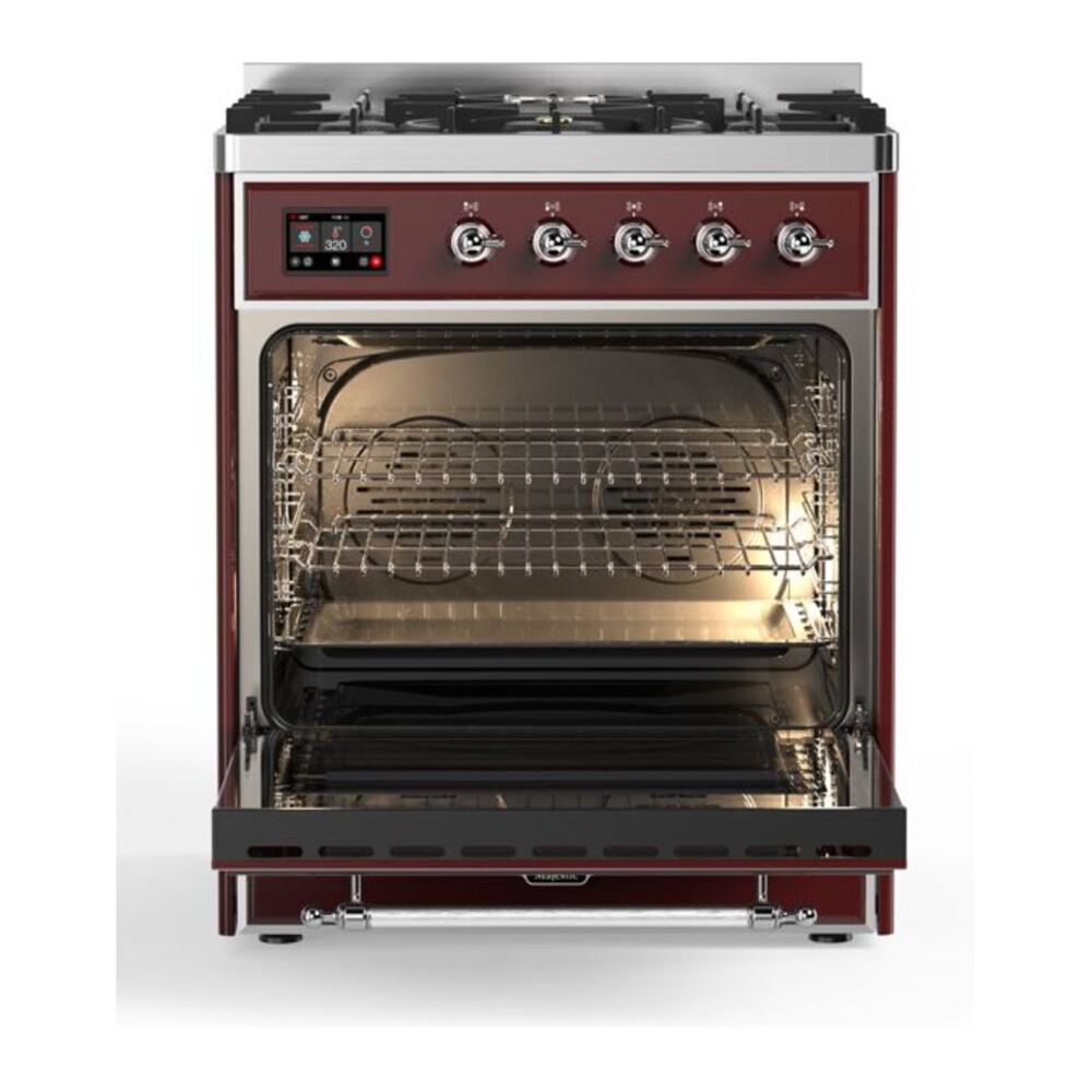 ILVE Majestic II 30 inch Triple Glass Door Natural Gas Dual Fuel Range Chrome Burgundy