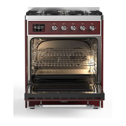 ILVE Majestic II 30 inch Triple Glass Door Natural Gas Dual Fuel Range Chrome Burgundy