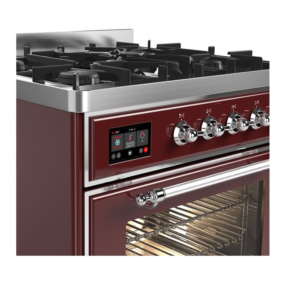 ILVE Majestic II 30 inch Triple Glass Door Natural Gas Dual Fuel Range Chrome Burgundy
