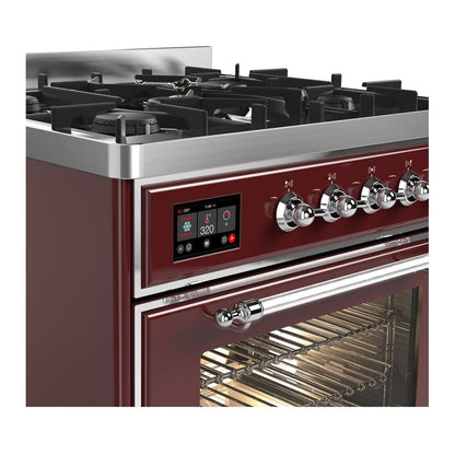 ILVE Majestic II 30 inch Triple Glass Door Natural Gas Dual Fuel Range Chrome Burgundy