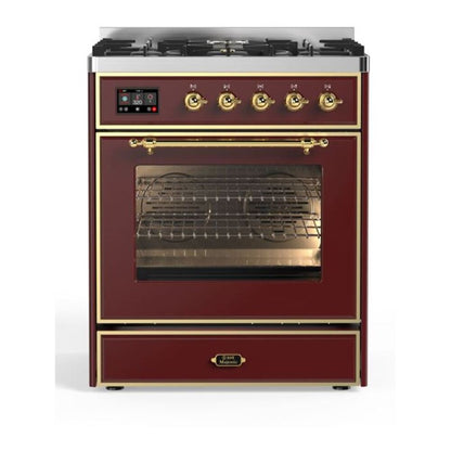 ILVE Majestic II 30 inch Triple Glass Door Natural Gas Dual Fuel Range Brass Burgundy