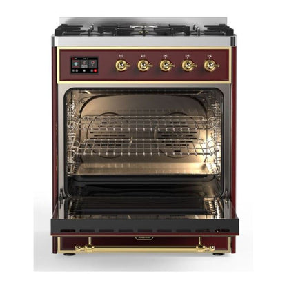 ILVE Majestic II 30 inch Triple Glass Door Natural Gas Dual Fuel Range Brass Burgundy
