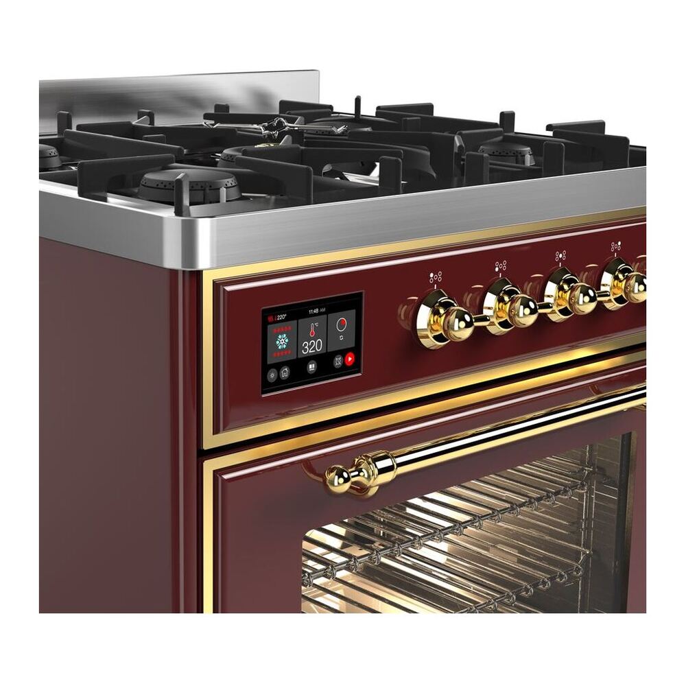 ILVE Majestic II 30 inch Triple Glass Door Natural Gas Dual Fuel Range Brass Burgundy