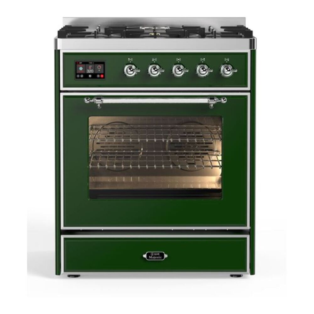 ILVE Majestic II 30 inch Triple Glass Door Natural Gas Dual Fuel Range Chrome Emerald Green