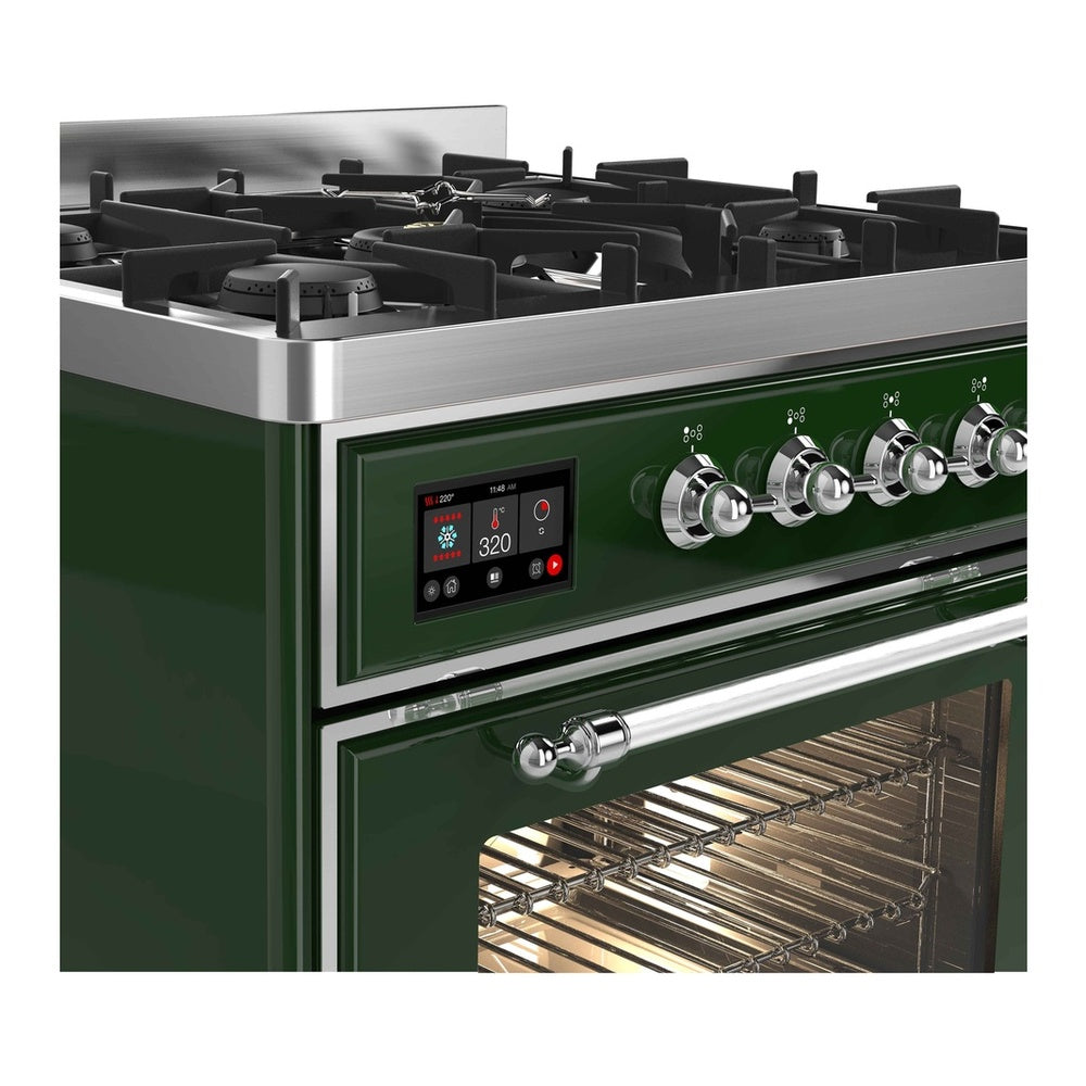 ILVE Majestic II 30 inch Triple Glass Door Natural Gas Dual Fuel Range Chrome Emerald Green
