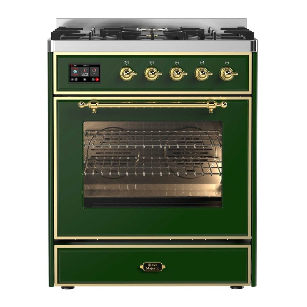 ILVE Majestic II 30 inch Triple Glass Door Natural Gas Dual Fuel Range Brass Emerald Green