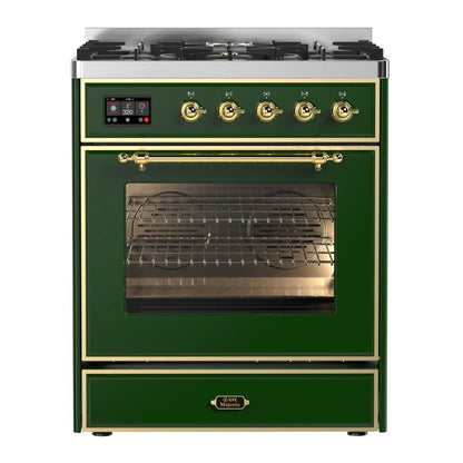 ILVE Majestic II 30 inch Triple Glass Door Natural Gas Dual Fuel Range Brass Emerald Green