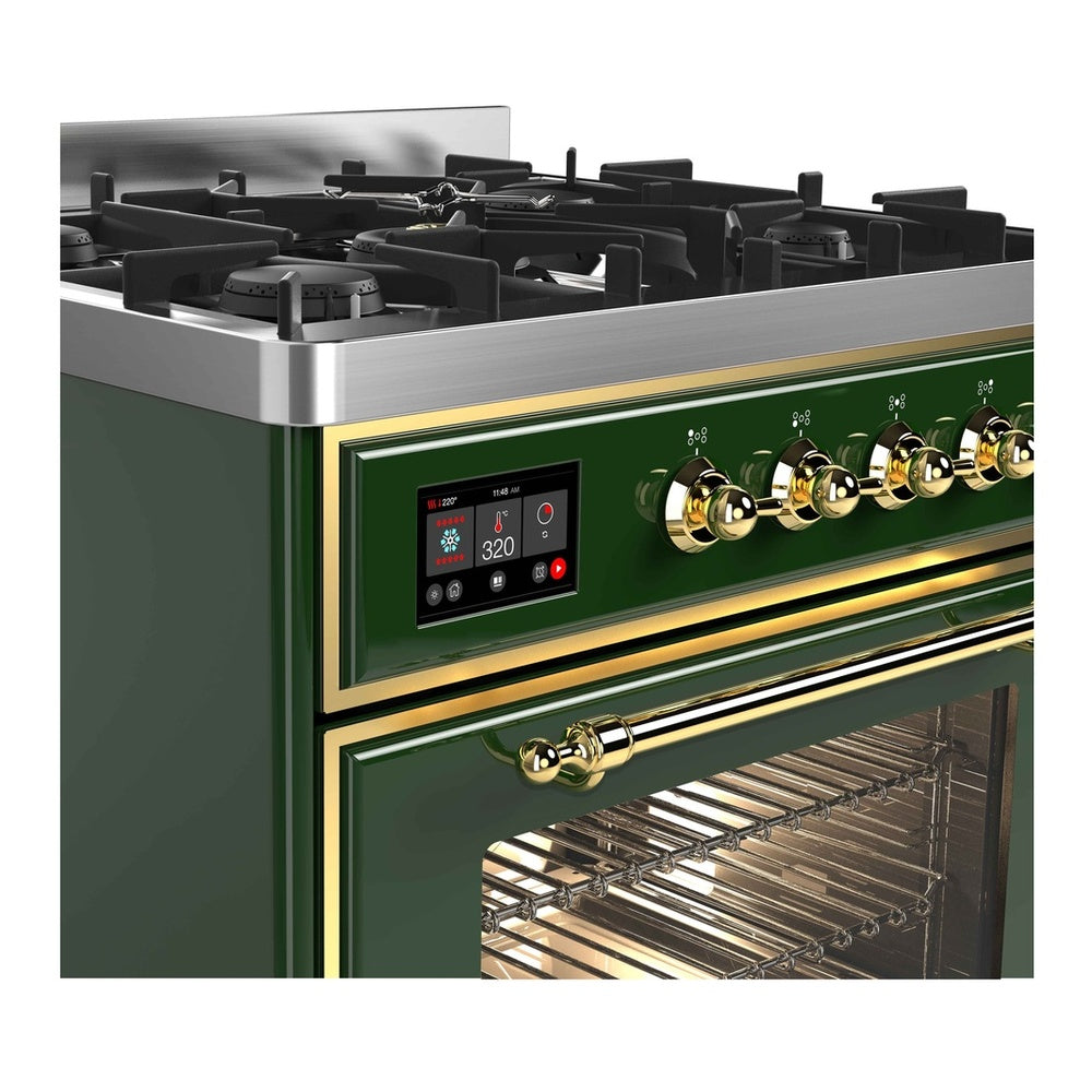 ILVE Majestic II 30 inch Triple Glass Door Natural Gas Dual Fuel Range Brass Emerald Green