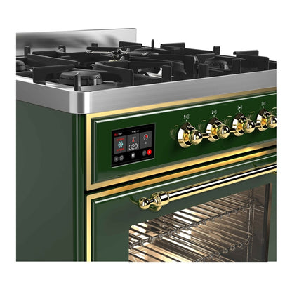 ILVE Majestic II 30 inch Triple Glass Door Natural Gas Dual Fuel Range Brass Emerald Green