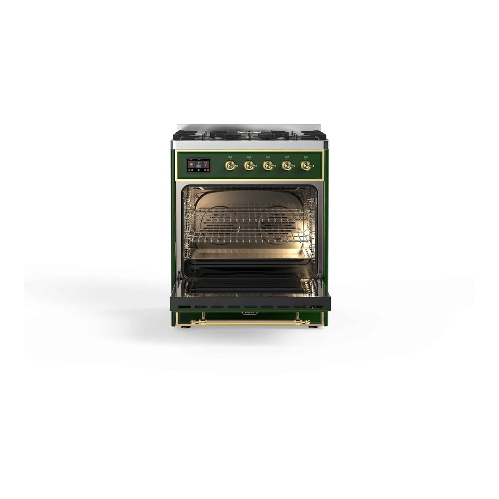 ILVE Majestic II 30 inch Triple Glass Door Natural Gas Dual Fuel Range Brass Emerald Green