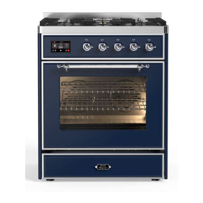 ILVE Majestic II 30 inch Triple Glass Door Natural Gas Dual Fuel Range Chrome Midnight Blue