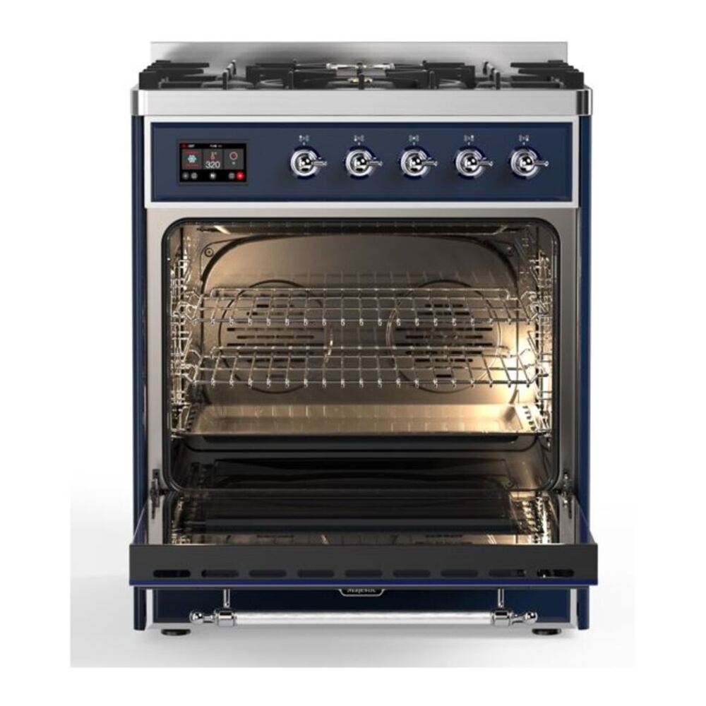 ILVE Majestic II 30 inch Triple Glass Door Natural Gas Dual Fuel Range Chrome Midnight Blue