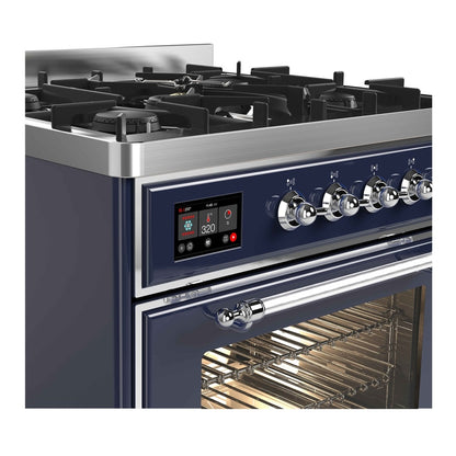 ILVE Majestic II 30 inch Triple Glass Door Natural Gas Dual Fuel Range Chrome Midnight Blue