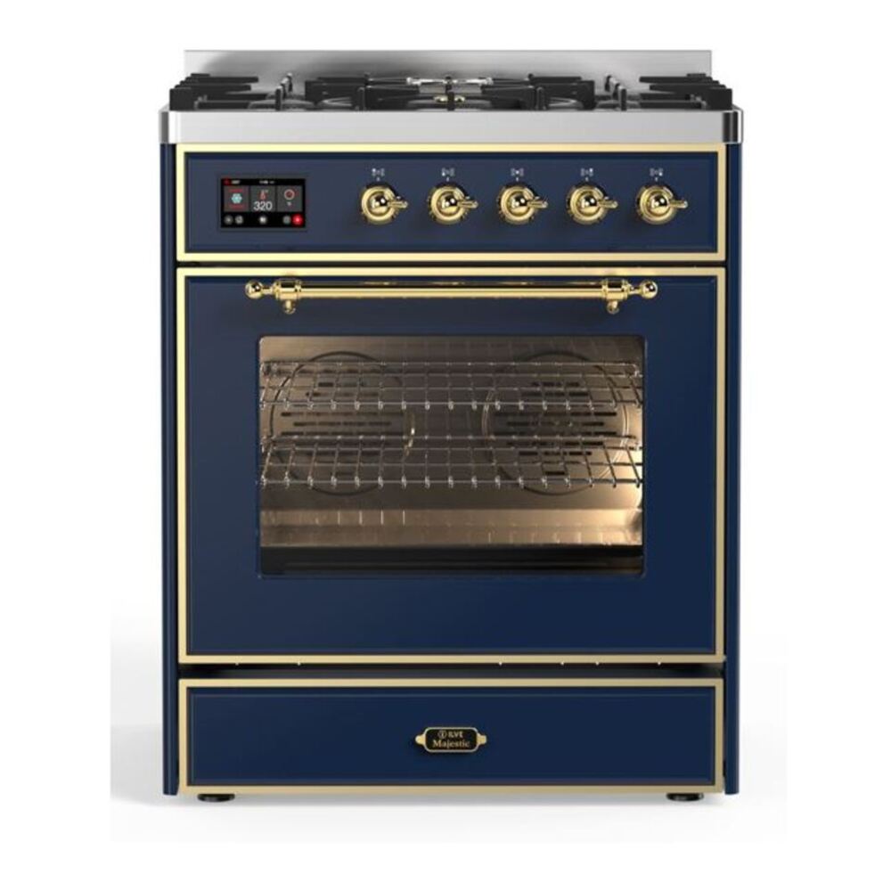 ILVE Majestic II 30 inch Triple Glass Door Natural Gas Dual Fuel Range Brass Midnight Blue