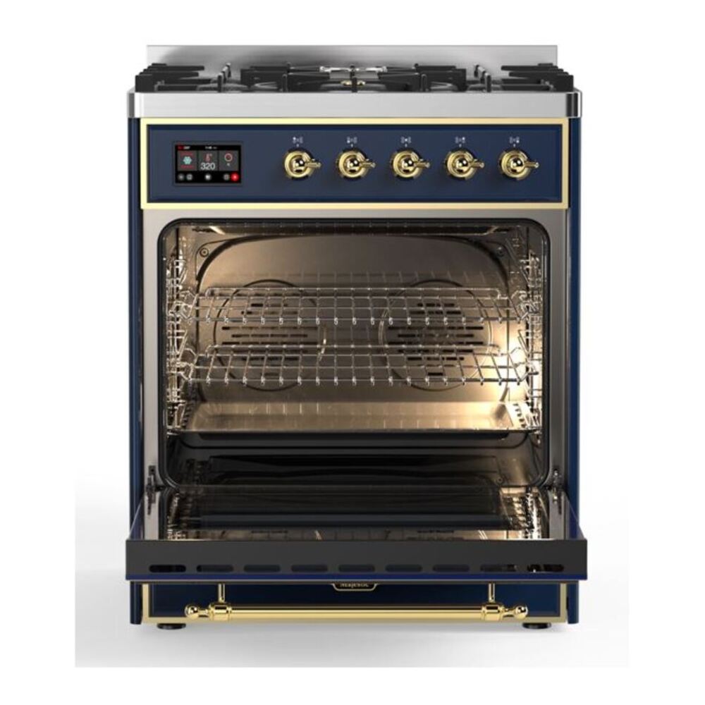 ILVE Majestic II 30 inch Triple Glass Door Natural Gas Dual Fuel Range Brass Midnight Blue