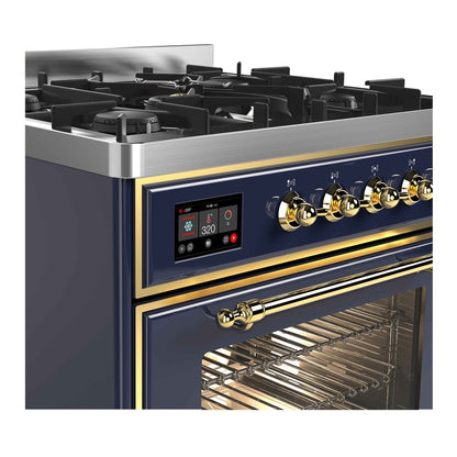 ILVE Majestic II 30 inch Triple Glass Door Natural Gas Dual Fuel Range Brass Midnight Blue