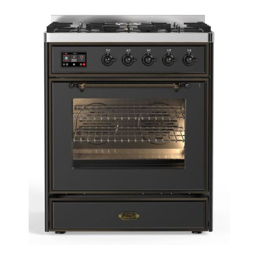 ILVE Majestic II 30" Graphite Matte Dual Fuel Range with 5 Burners Triple Glass Door Natural Gas