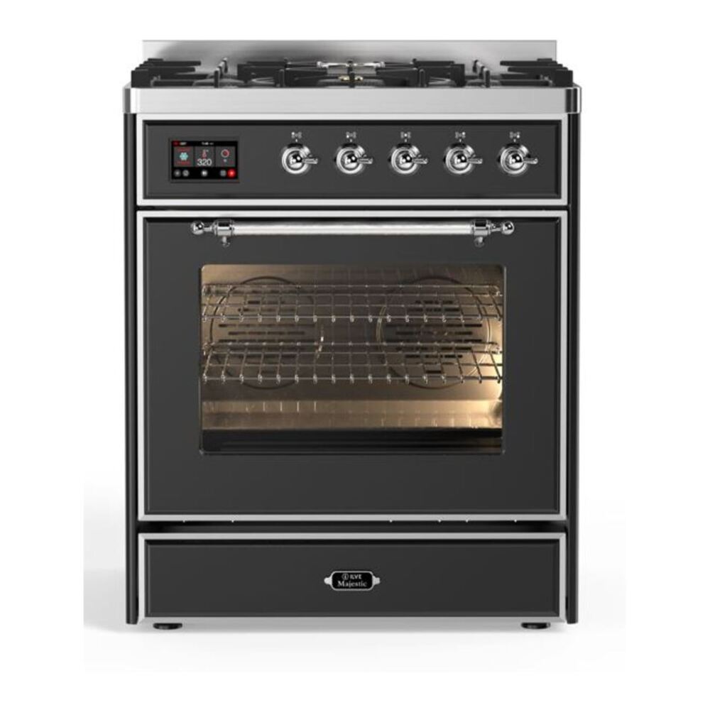 ILVE Majestic II 30 inch Triple Glass Door Natural Gas Dual Fuel Range Chrome Graphite Matte