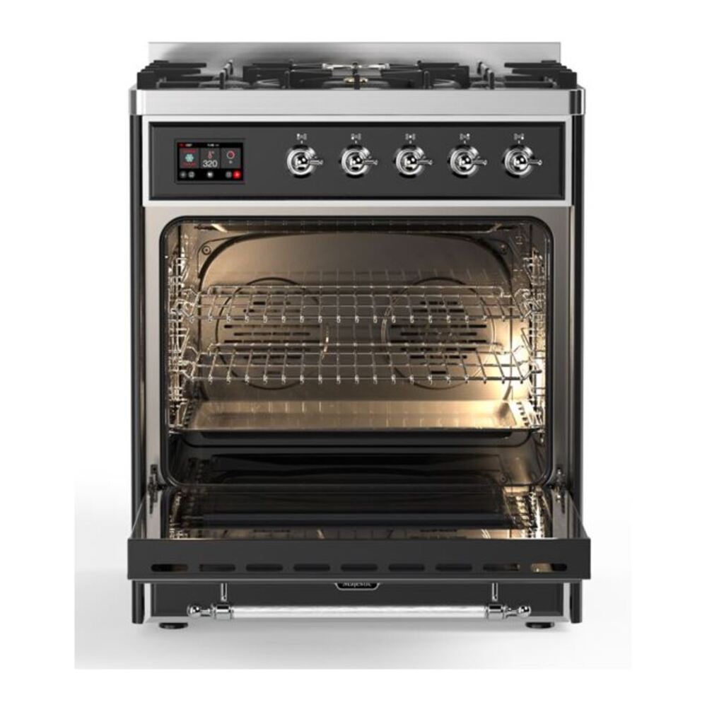 ILVE Majestic II 30 inch Triple Glass Door Natural Gas Dual Fuel Range Chrome Graphite Matte
