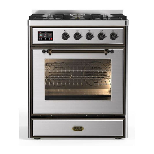 ILVE Majestic II 30" Stainless Steel Dual Fuel Range with 5 Burners Triple Glass Door Natural Gas