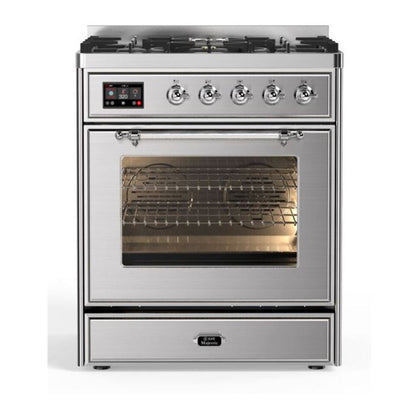 ILVE Majestic II 30 inch Triple Glass Door Natural Gas Dual Fuel Range Chrome Stainless Steel