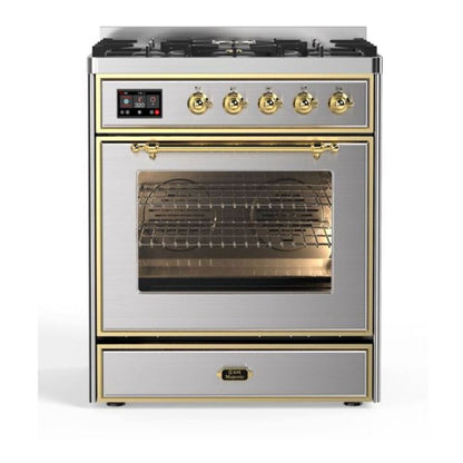 ILVE Majestic II 30 inch Triple Glass Door Natural Gas Dual Fuel Range Brass Stainless Steel