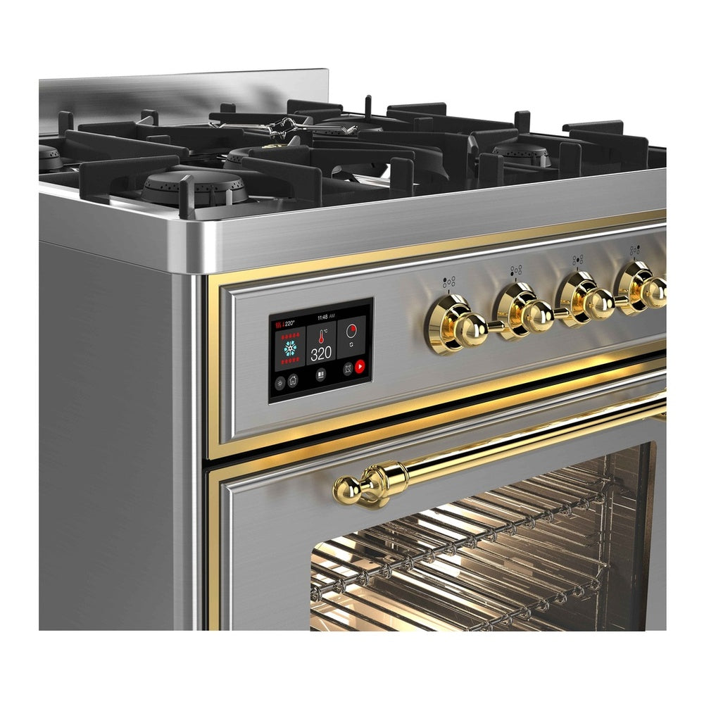 ILVE Majestic II 30 inch Triple Glass Door Natural Gas Dual Fuel Range Brass Stainless Steel