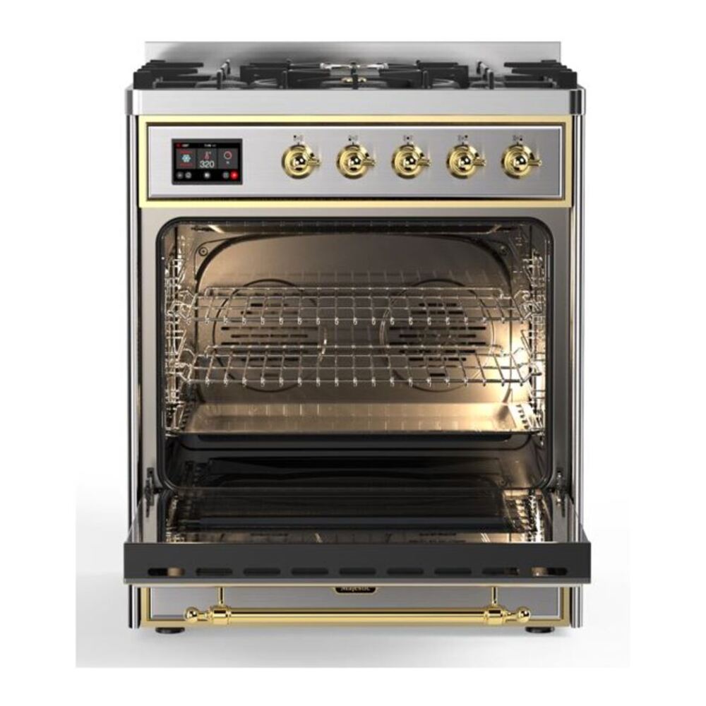 ILVE Majestic II 30 inch Triple Glass Door Natural Gas Dual Fuel Range Brass Stainless Steel