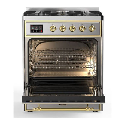 ILVE Majestic II 30 inch Triple Glass Door Natural Gas Dual Fuel Range Brass Stainless Steel