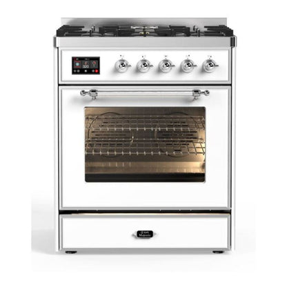 ILVE Majestic II 30 inch Triple Glass Door Natural Gas Dual Fuel Range Chrome White