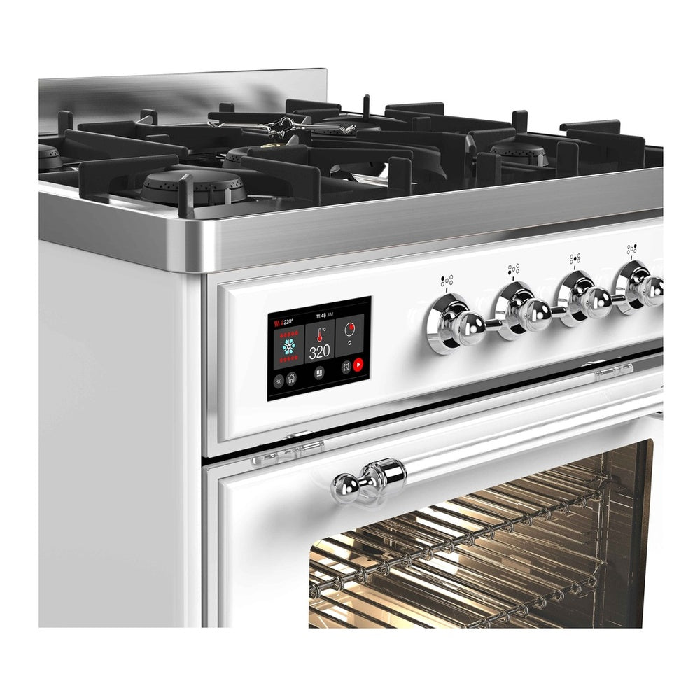 ILVE Majestic II 30 inch Triple Glass Door Natural Gas Dual Fuel Range Chrome White