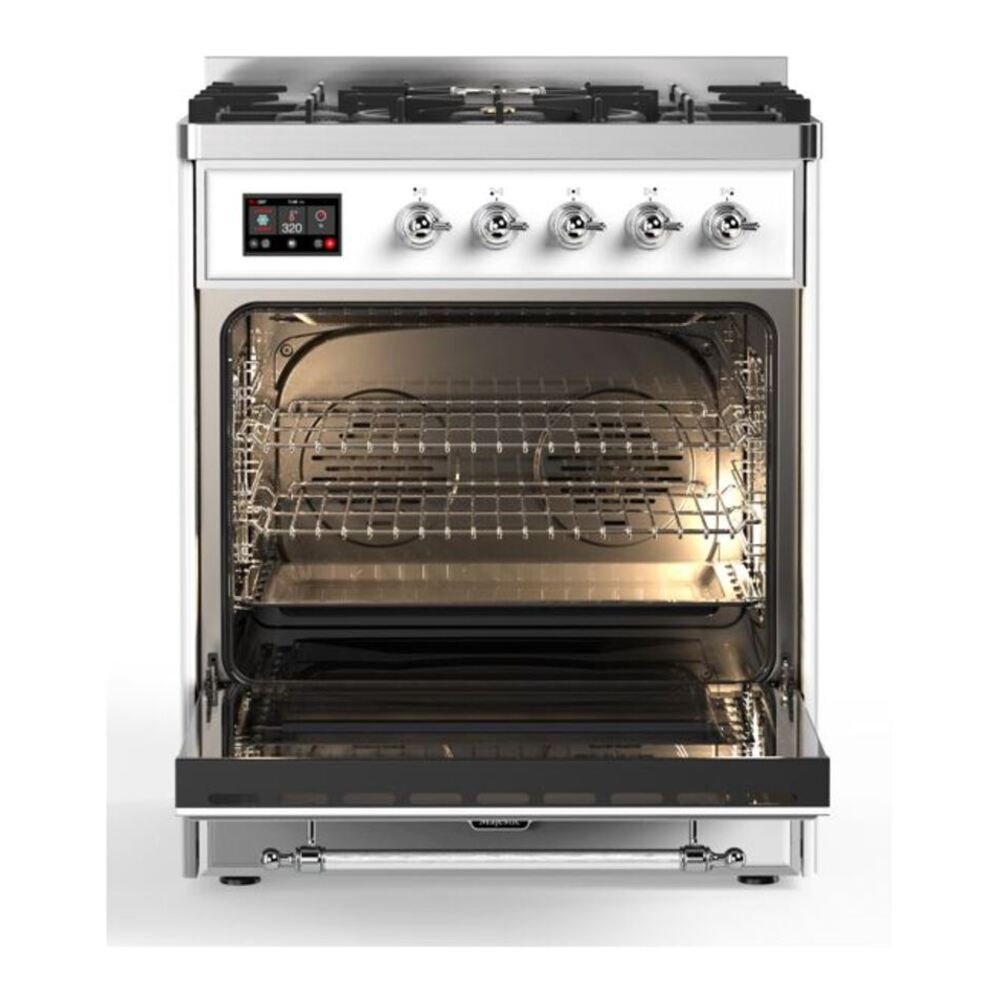 ILVE Majestic II 30 inch Triple Glass Door Natural Gas Dual Fuel Range Chrome White