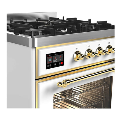 ILVE Majestic II 30 inch Triple Glass Door Natural Gas Dual Fuel Range Brass White