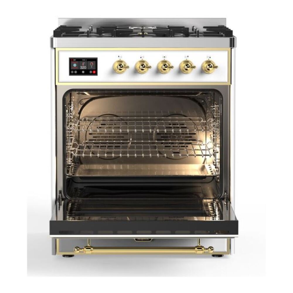 ILVE Majestic II 30 inch Triple Glass Door Natural Gas Dual Fuel Range Brass White