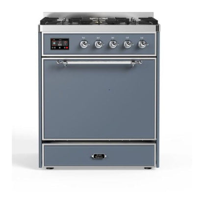 ILVE Majestic II 30 inch Solid Door Natural Gas Dual Fuel Range Chrome Blue Grey