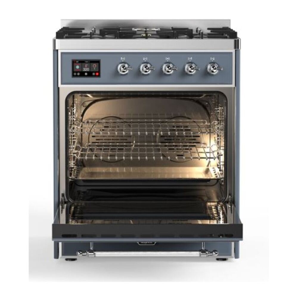 ILVE Majestic II 30 inch Solid Door Natural Gas Dual Fuel Range Chrome Blue Grey