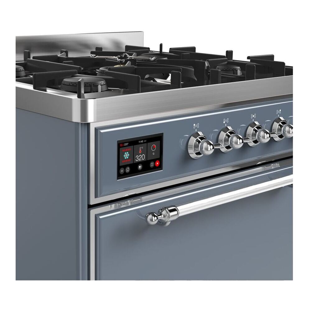 ILVE Majestic II 30 inch Solid Door Natural Gas Dual Fuel Range Chrome Blue Grey