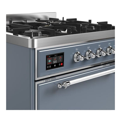 ILVE Majestic II 30 inch Solid Door Natural Gas Dual Fuel Range Chrome Blue Grey