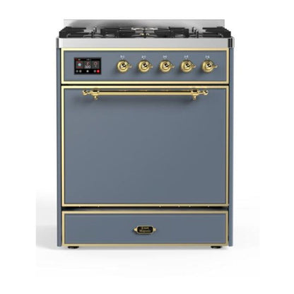 ILVE Majestic II 30 inch Solid Door Natural Gas Dual Fuel Range Brass Blue Grey