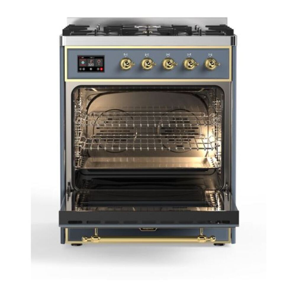 ILVE Majestic II 30 inch Solid Door Natural Gas Dual Fuel Range Brass Blue Grey
