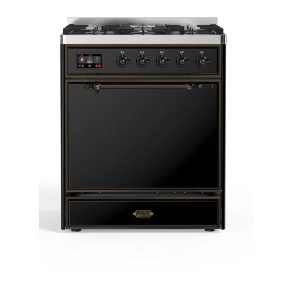 ILVE Majestic II 30" Glossy Black Dual Fuel Range with 5 Burners Solid Door Liquid Propane