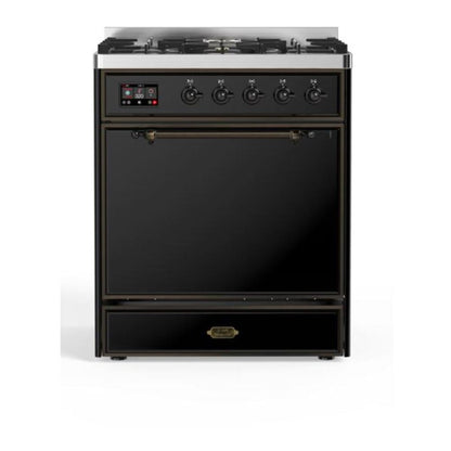 ILVE Majestic II 30" Glossy Black Dual Fuel Range with 5 Burners Solid Door Liquid Propane