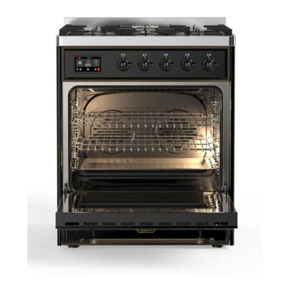 ILVE Majestic II 30" Glossy Black Dual Fuel Range with 5 Burners Solid Door Liquid Propane