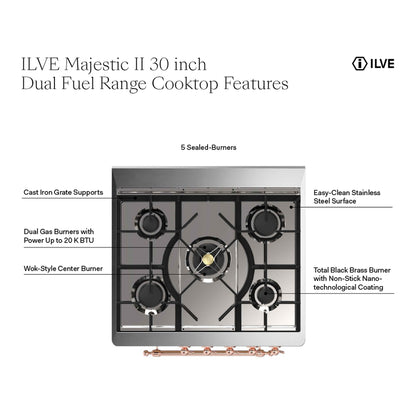 ILVE Majestic II 30" Glossy Black Dual Fuel Range with 5 Burners Solid Door Liquid Propane
