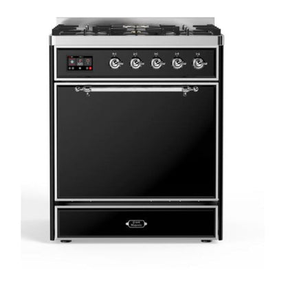 ILVE Majestic II 30" Glossy Black Dual Fuel Range with 5 Burners Solid Door Liquid Propane