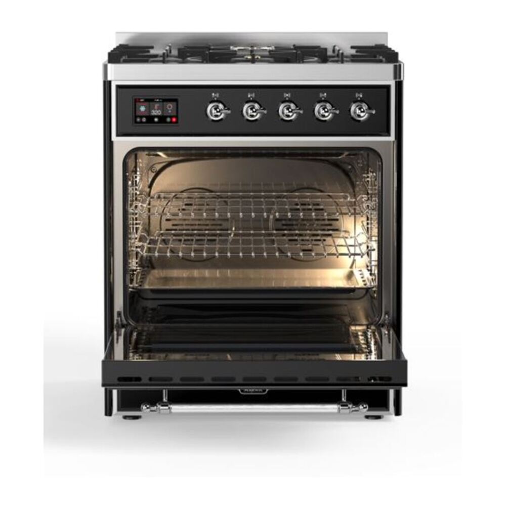 ILVE Majestic II 30 inch Solid Door Natural Gas Dual Fuel Range Chrome Glossy Black