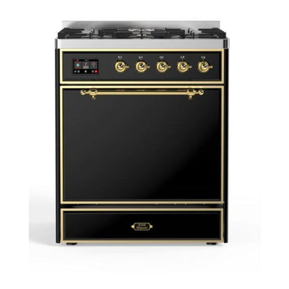 ILVE Majestic II 30" Glossy Black Dual Fuel Range with 5 Burners Solid Door Liquid Propane